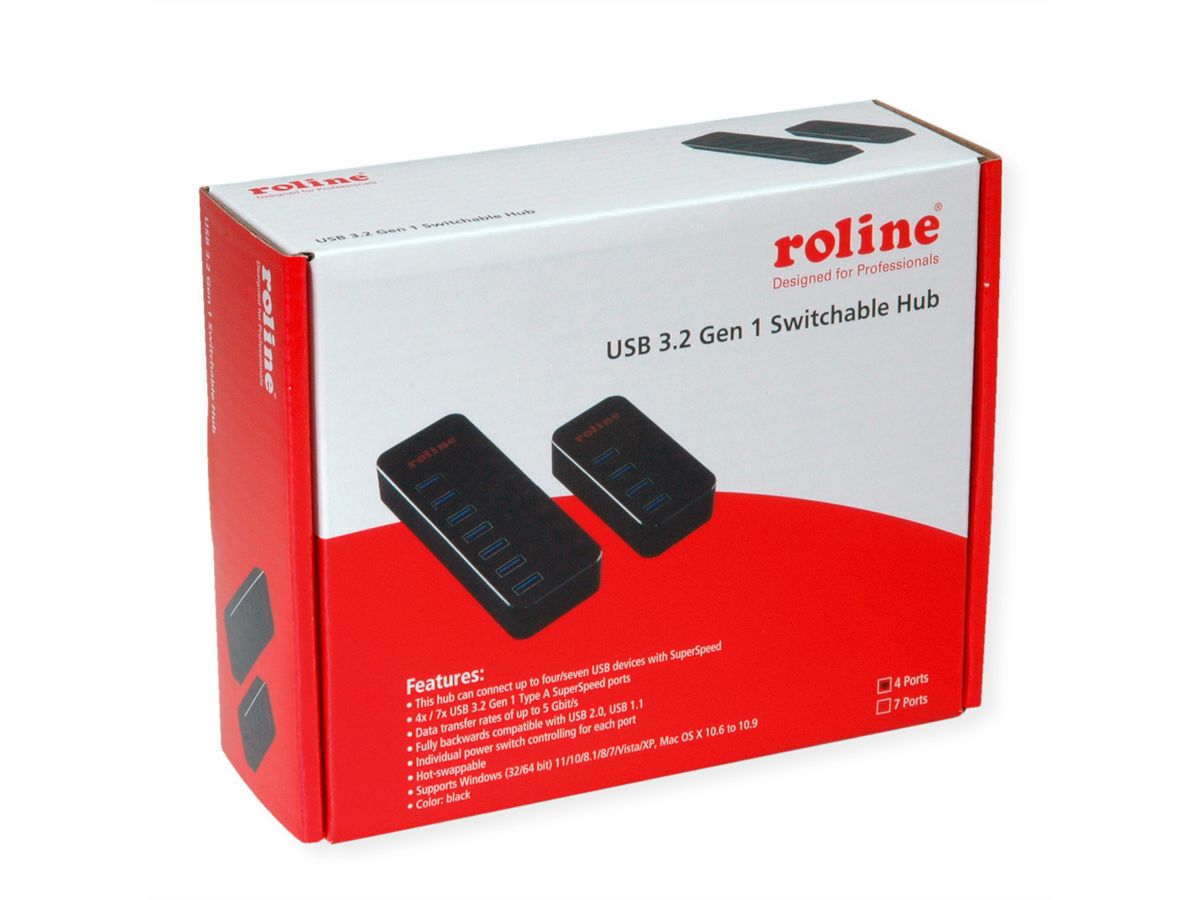 ROLINE USB 3.2 Gen 1 Hub, 4 Ports, switchable, black