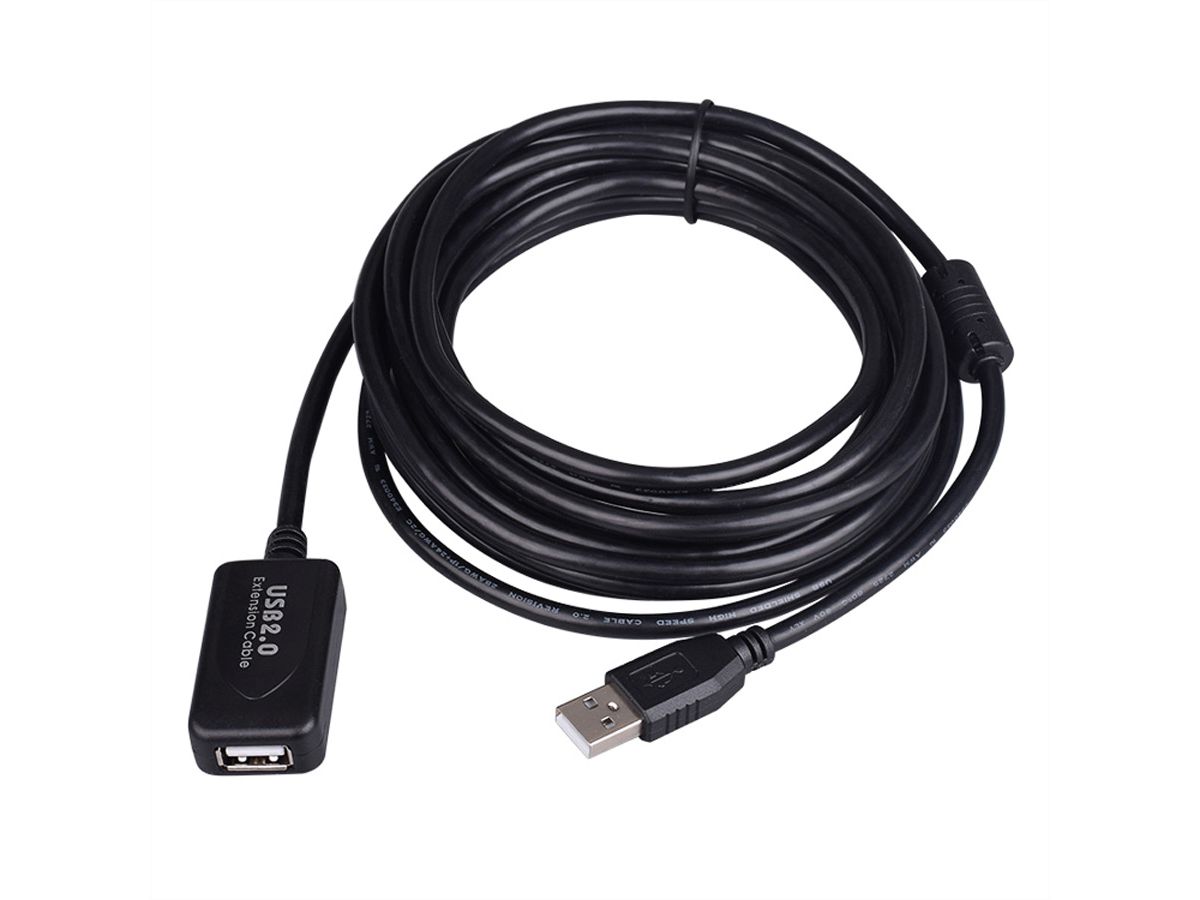 USB 2.0 Extension Cable, active with Repeater, black, 5 m