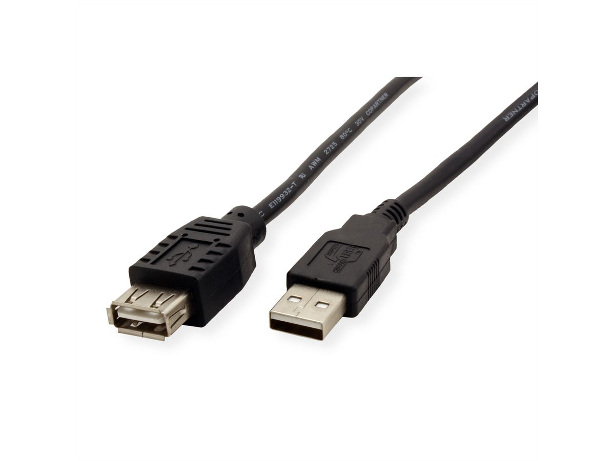ROLINE USB 2.0 Cable, A - A, M/F, black, 0.8 m - SECOMP 